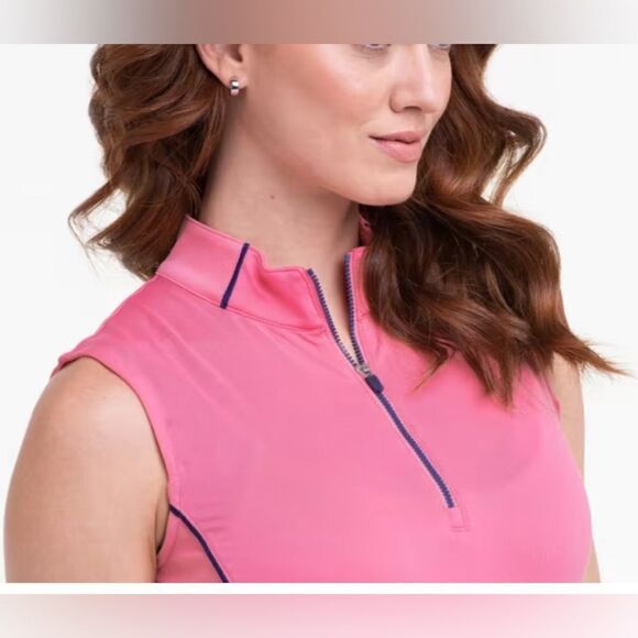 NWT EPNYGolf Women’s Sleeveless Mock Zip Polo Pink Ribbed Texture - Size Large - Picture 3 of 9